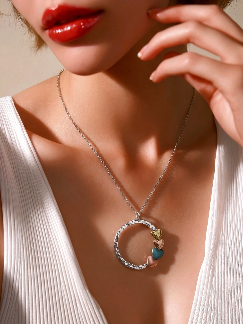 NWT nadineWest Silver Hammered Ring Of Hearts Necklace ~20"